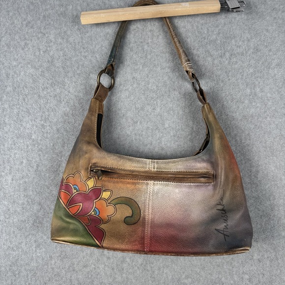 Anuschka Purse Womens Brown Floral Lotus Hand Painted Leather Shoulder Bag - Picture 3 of 13